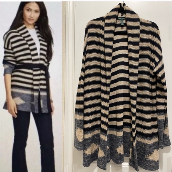 Lauren Ralph Lauren Women Cardigan Medium Blue Navajo Longline Cottagecore - Picture 1 of 12
